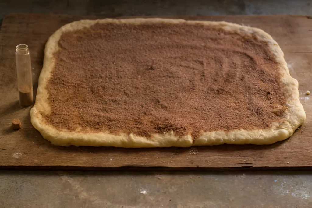 rectangle shape of dough with cinnamon sugar mixture sprinkled on top.