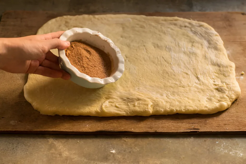 rolled out rectangle shape of dough on counter and butter being spread on top