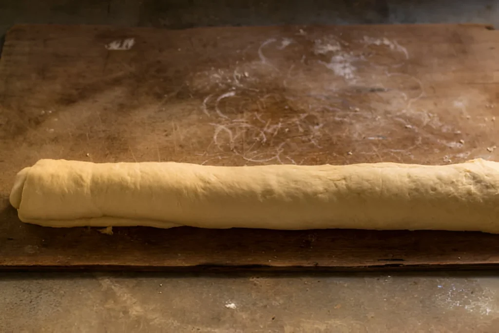 cinnamon rolls cut from long rolled-up log.