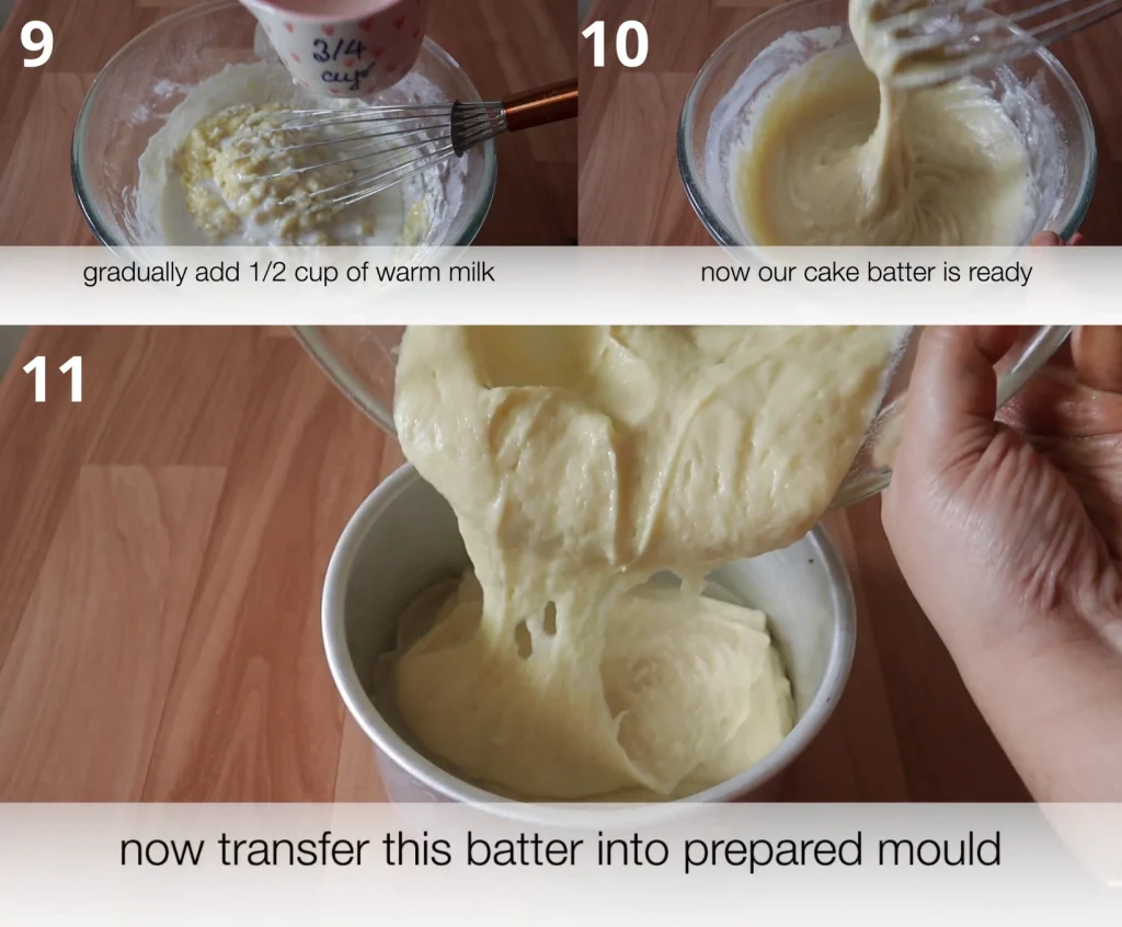 Gradually adding warm milk to the cake batter, then pouring the smooth mixture into a prepared mold