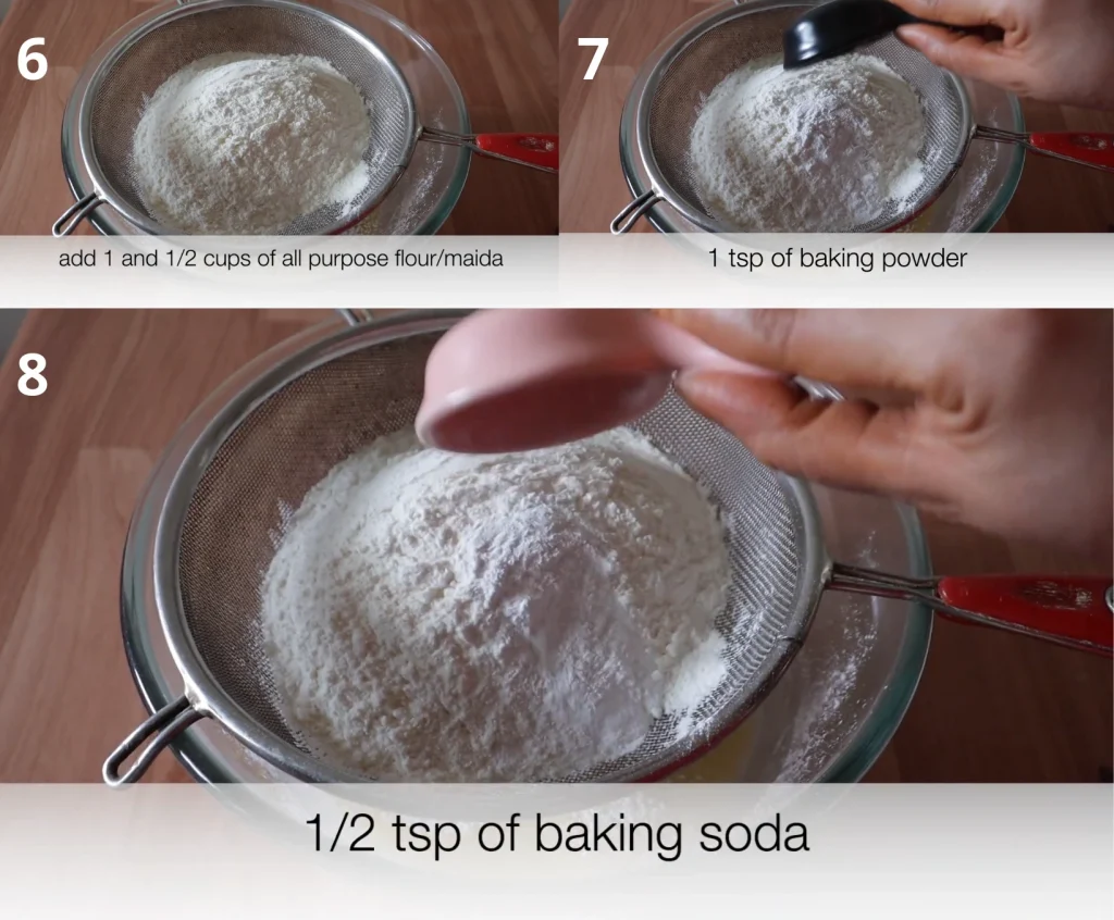 Sifting flour, baking powder, and baking soda for a lump-free cake batter.