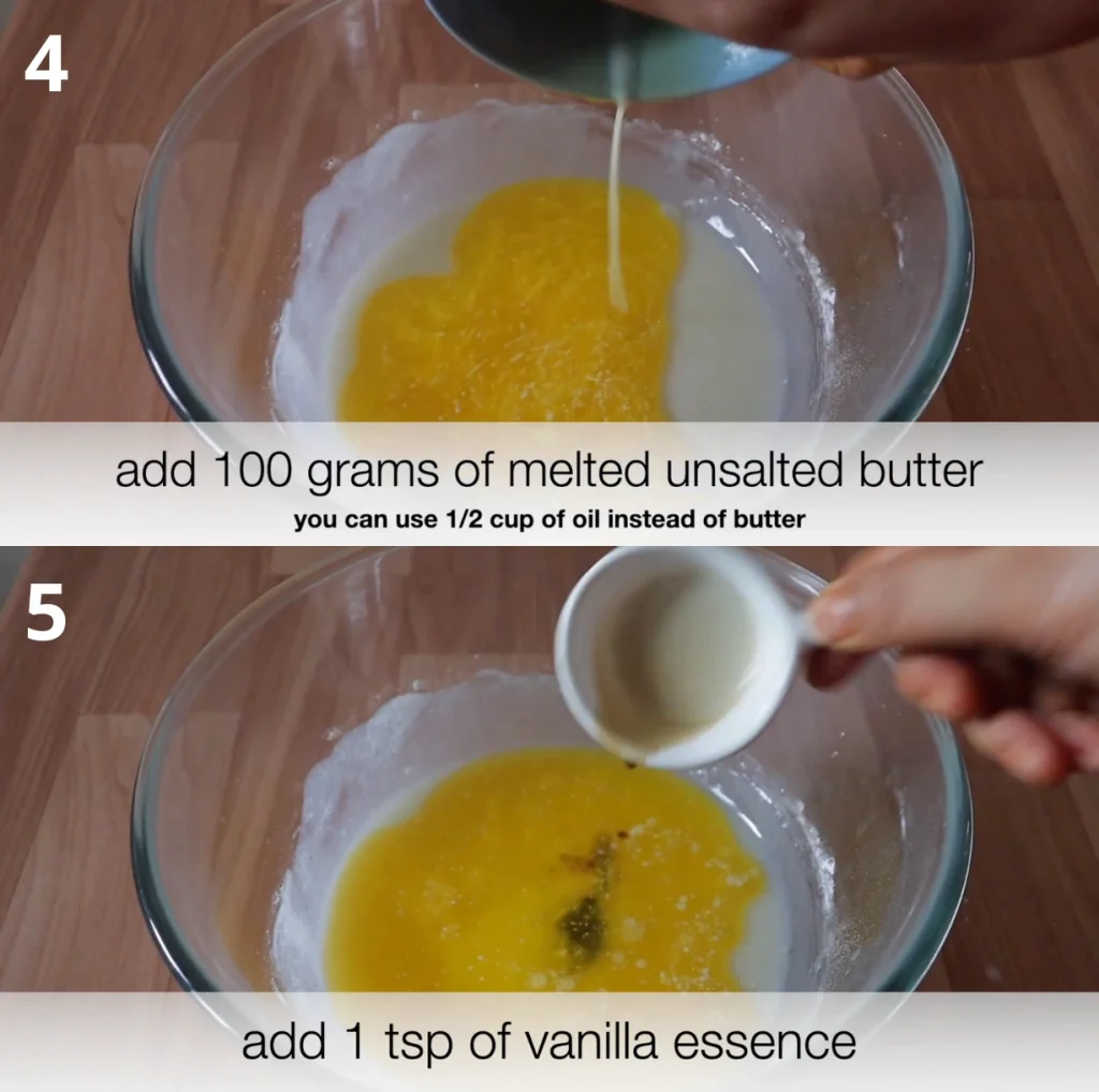 Adding melted butter and vanilla essence to a mixing bowl for cake preparation.