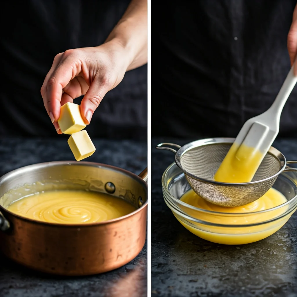 Cold butter being added to warm lemon curd.