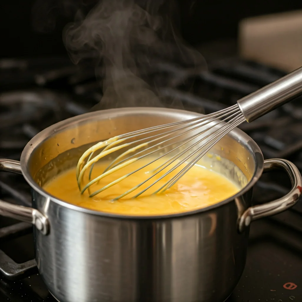 Lemon curd getting stirred on heat until the back of a wooden spoon is coated.