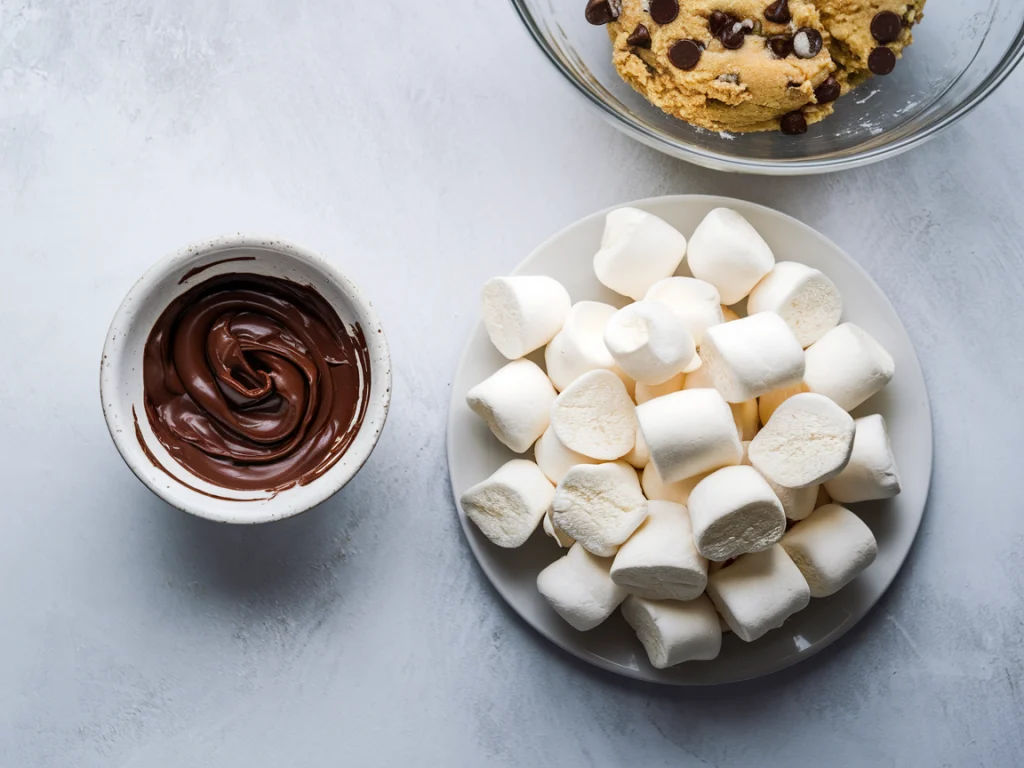 A bowl of chocolate ganache and a plate of large marshmallows.