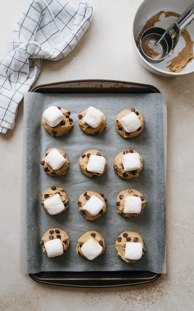 Scooped cookies, baked cookies, cookies with marshmallows, and cookies with broiled marshmallows all on a baking sheet.