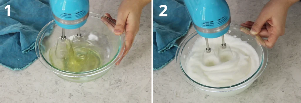  Electric mixer whipping egg whites in a glass bowl, progressing from foamy to soft peaks.