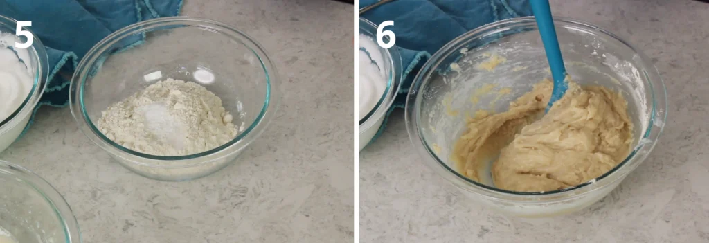 Glass bowl with flour and baking powder next to a bowl with batter being mixed with a spatula.