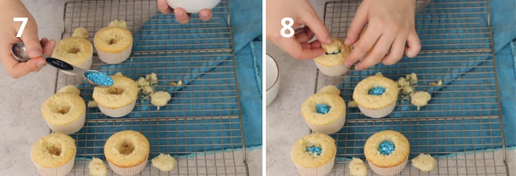 Cupcakes on a cooling rack, being filled with blue sprinkles and topped with cake pieces to seal the surprise.