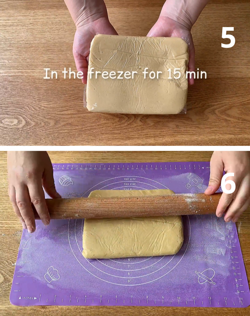 Dough wrapped in plastic, chilled for 15 minutes, then rolled out evenly on a floured surface. 