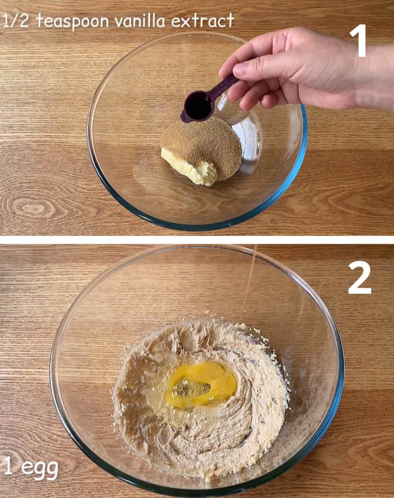 Mixing butter, sugar, and vanilla extract in a bowl to create a creamy base for vanilla shortbread cookies. 