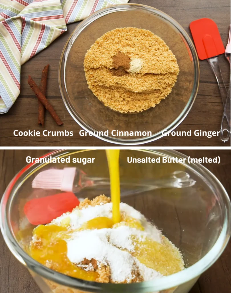 A bowl with cookie crumbs, ground cinnamon, and ginger, followed by granulated sugar and melted butter being poured over the mixture.