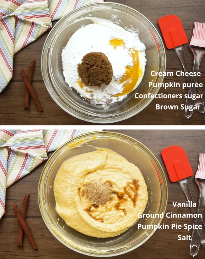 A bowl with cream cheese, pumpkin puree, confectioners' sugar, and brown sugar, followed by the mixture topped with vanilla, cinnamon, pumpkin pie spice, and salt.