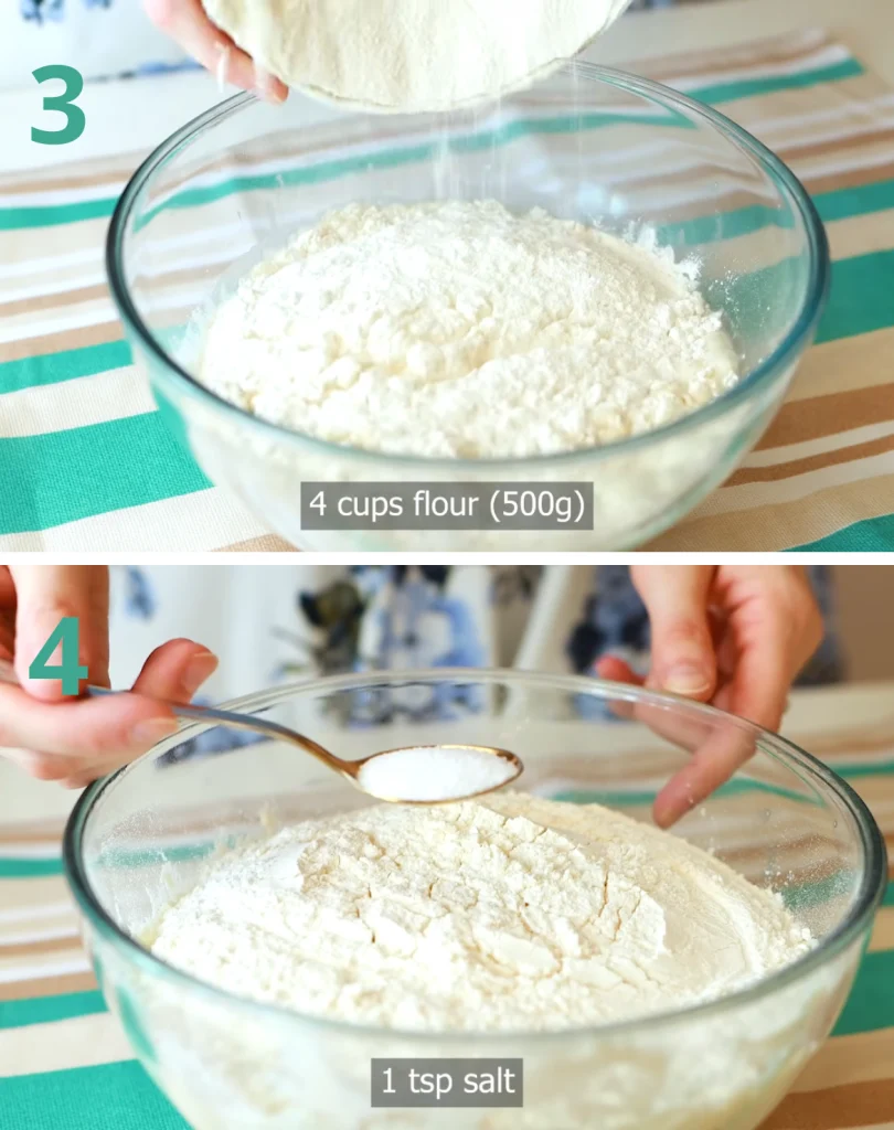 A bowl of activated yeast with flour being added gradually, a wooden spoon ready for mixing.