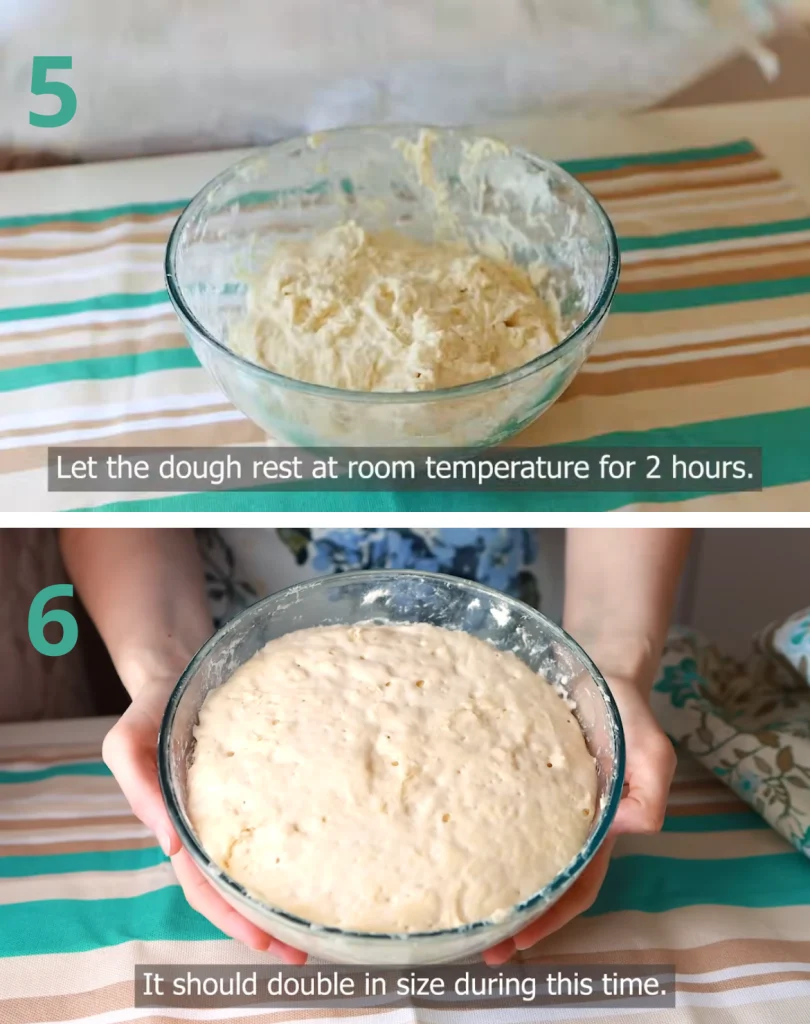 A large bowl showing bread dough that has doubled in size after a 2-hour rise, with visible bubbles on the surface.