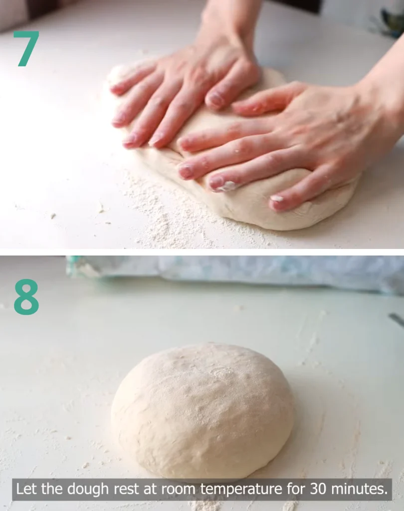  Hands gently folding bread dough on a floured surface, creating structure for the final rise.