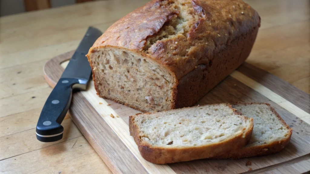 Freshly baked banana bread, sliced on a wooden cutting board.