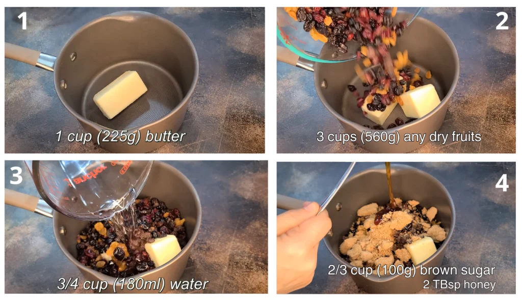 Large saucepan with butter, dried fruits, water, and brown sugar, ready to make a fruit mixture for cake.