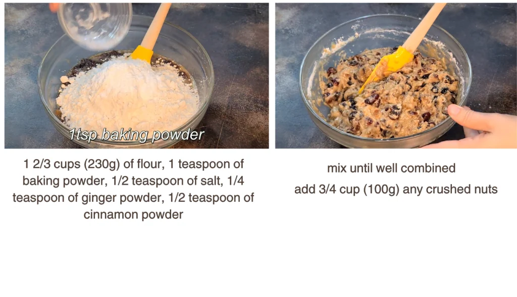 Warm fruit mixture with eggs, flour, spices, and nuts being mixed together in a bowl.