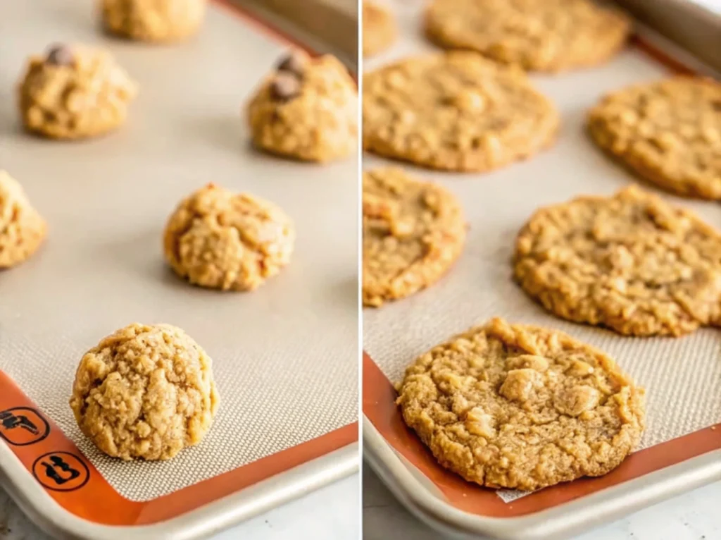 Raw and baked peanut butter oatmeal cookies on a silicone-lined baking sheet, showing the difference in texture and size after baking.