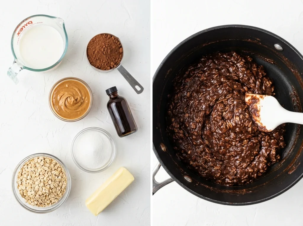 2 images of no bake cookies ingredients and the combined mixture