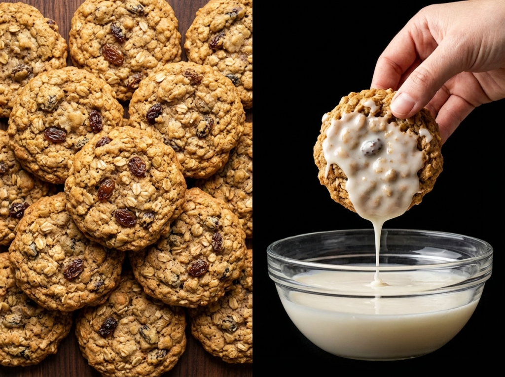 gingerbread oatmeal cookies without icing and one being dipped into icing