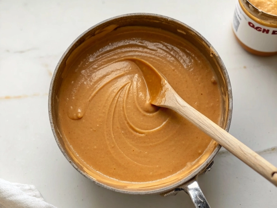 A saucepan with peanut butter, vanilla, and melted butter-milk mixture