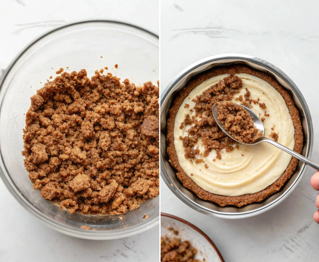 cinnamon swirl crumbs in bowl and shown again spooned on batter.