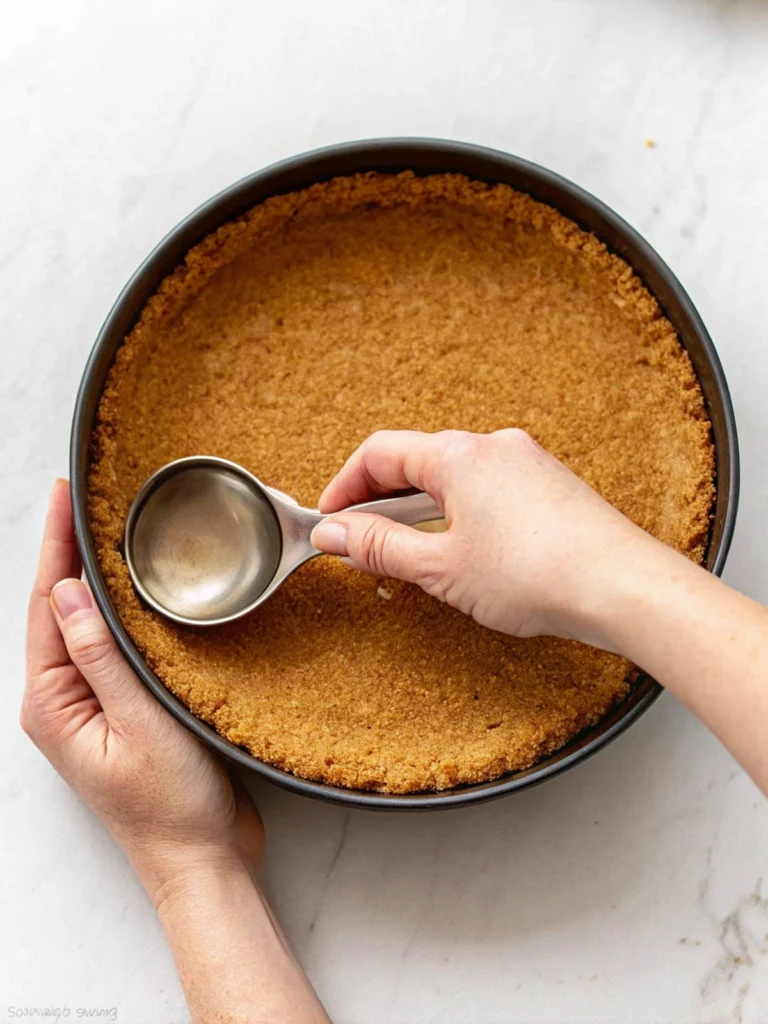 hands smoothing out graham cracker crust in springform pan.