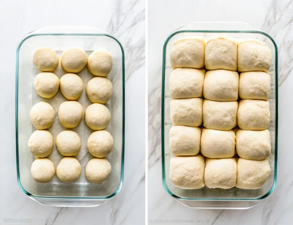 2 images of shaped dinner roll dough in baking pan before and after rising