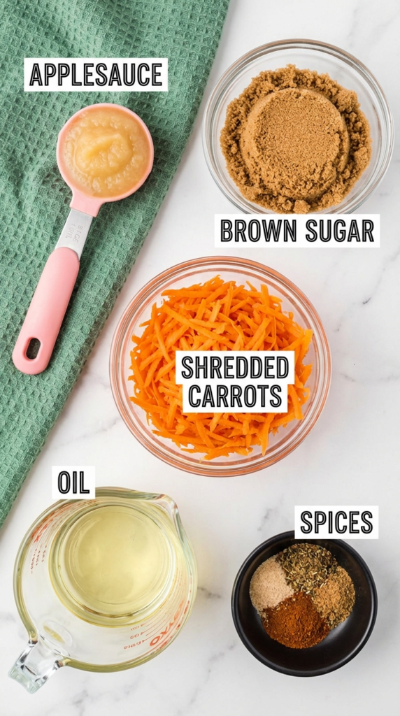shredded carrots, brown sugar, spices, vegetable oil, and applesauce shown in bowls and measuring cups